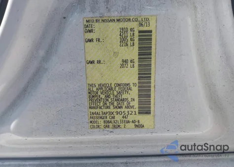 2013 Nissan Altima 2.5 Sl из США, поврежденный, VIN 1N4AL3AP3DC905321